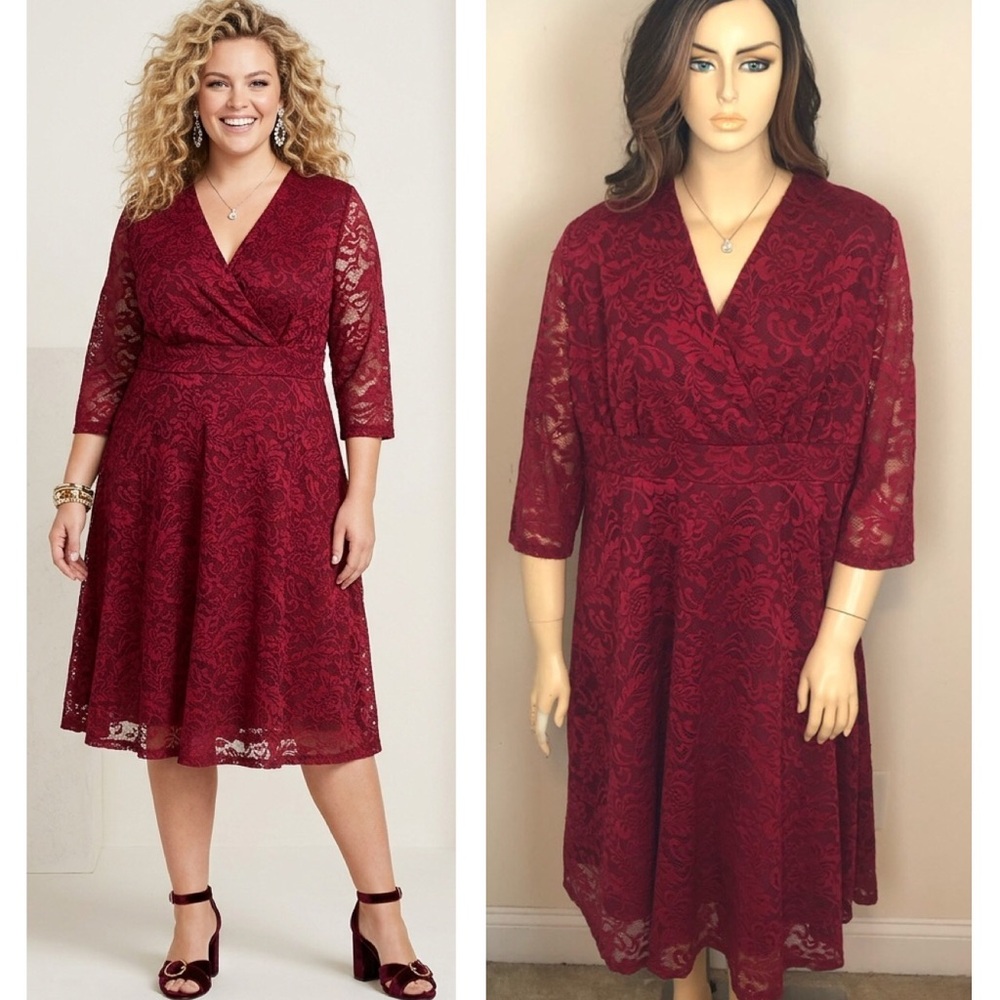 24W 3X PLUS SIZE Burgundy Lace Floral Midi Cocktail Party Wedding Guest Dress